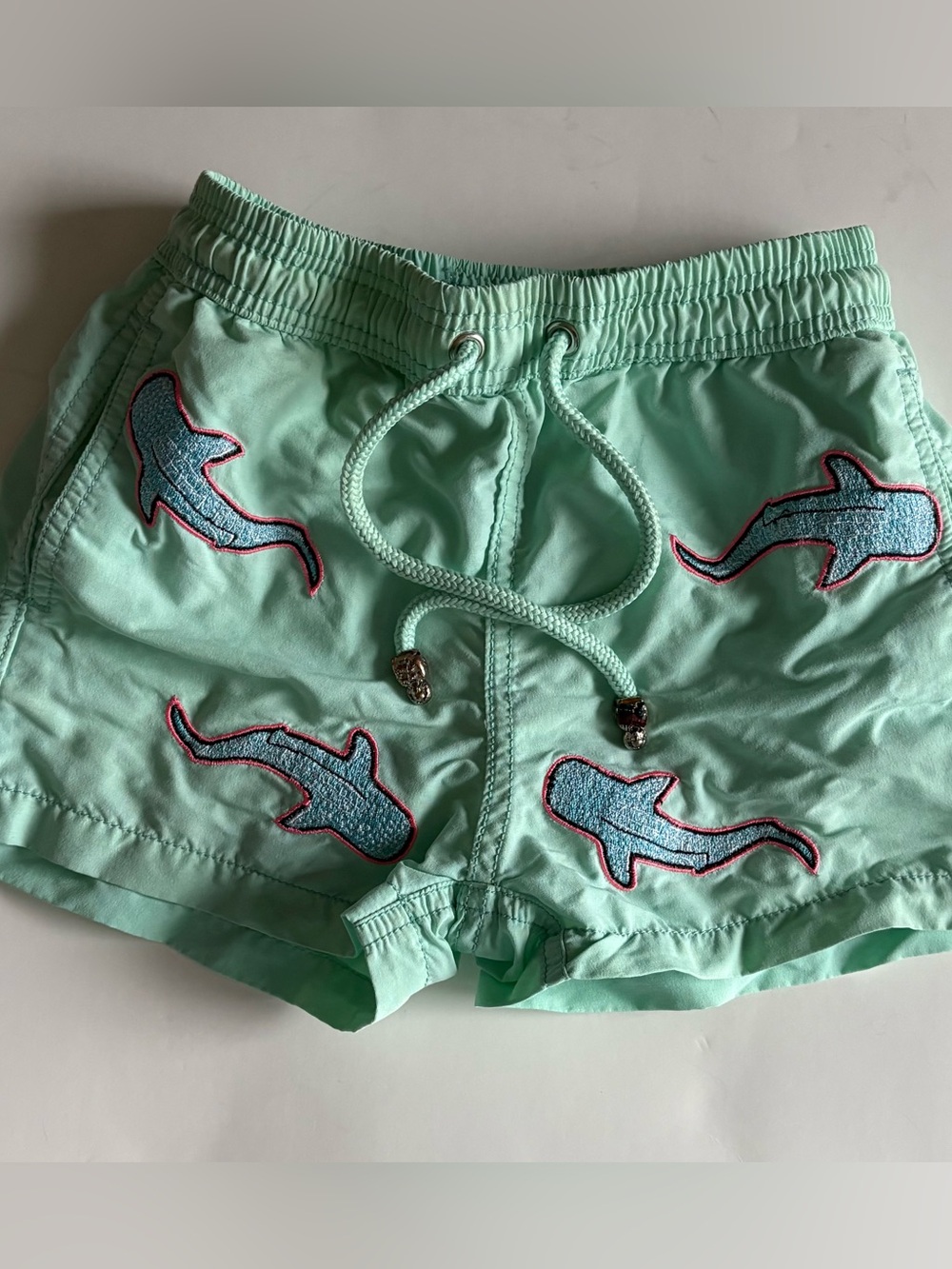 Les Canebiers Mint Green Swim Shorts with Shark Appliqués Kids